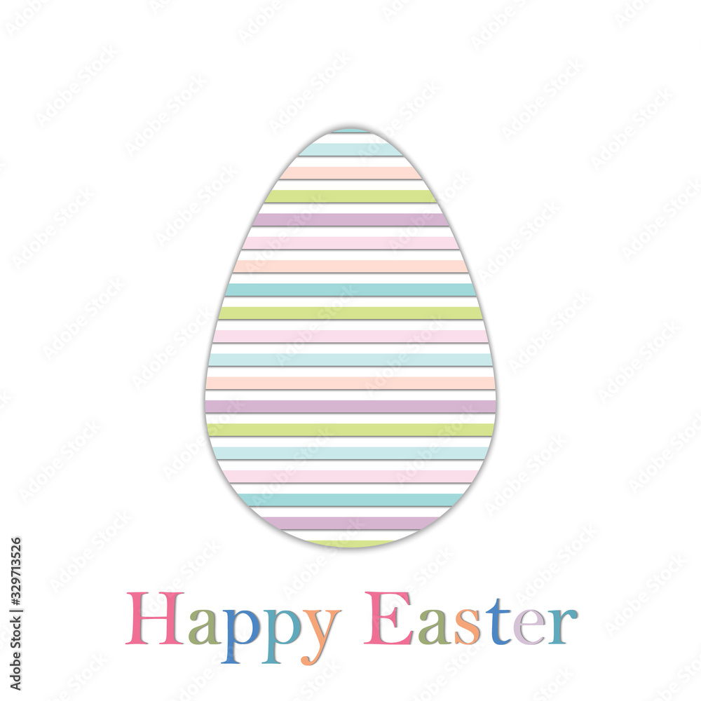 Egg close-up decorated in a multicolored small stripe on a white background, greeting text with multicolored letters present, vector, scrapbooking template and laser cutout, paper style