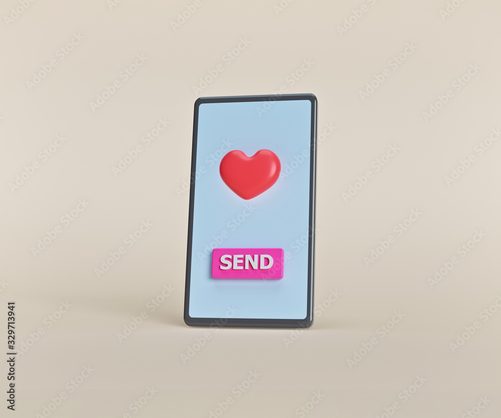 heart in a smartphone with send button. Sending love message concept. minimal style. 3d rendering heart in a smartphone with send button. Sending love message concept. minimal style. 3d rendering