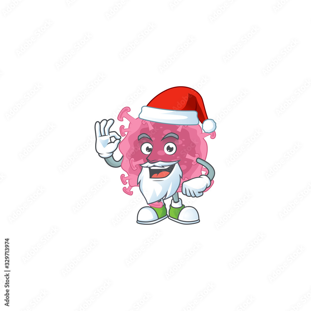 Corona virus parasite cartoon character of Santa showing ok finger