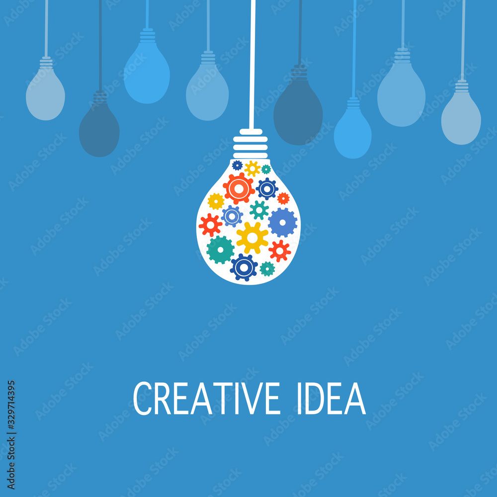 Creative idea concept vector illustration on blue background. Colorful and blue lightbulbs in flat design. Creative thinking and unique idea.