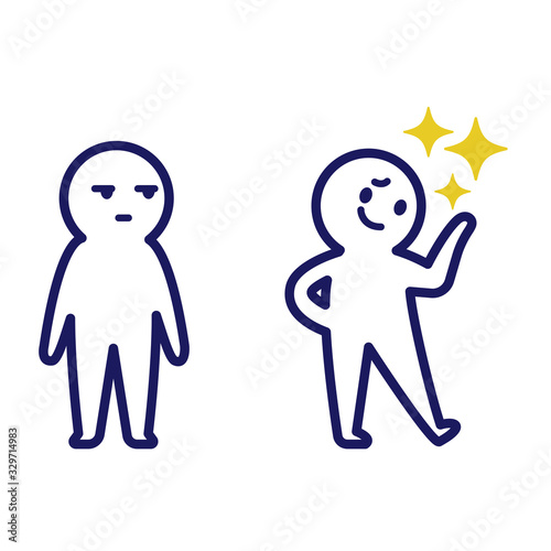 Illustration of a proud man with his left hand raised and another deformed simple human looking at it