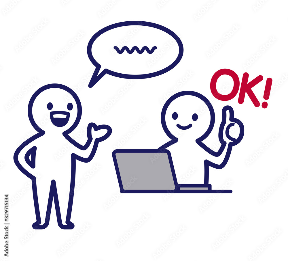 Illustration of a simple deformed human being using a person who speaks with his left hand out and a computer that gives ok to it