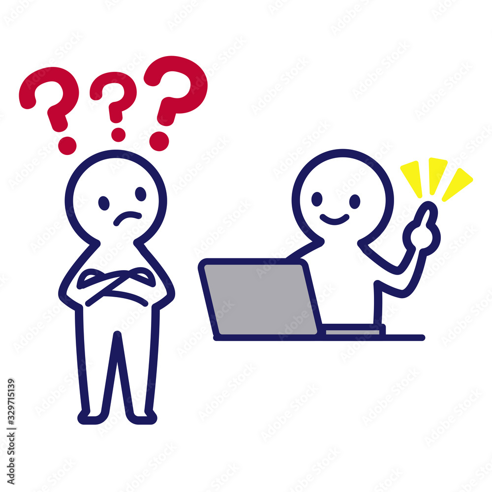 Illustration of a simple deformed human with a question mark in his head and a pointing finger raised while using a computer