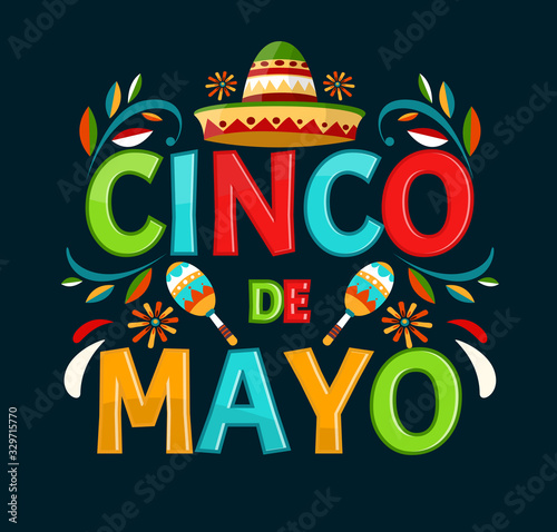 Cinco de mayo.May 5 holiday in Mexico. Poster with grunge texture. Chili peppers and sombrero. Cartoon style. Vector banner.