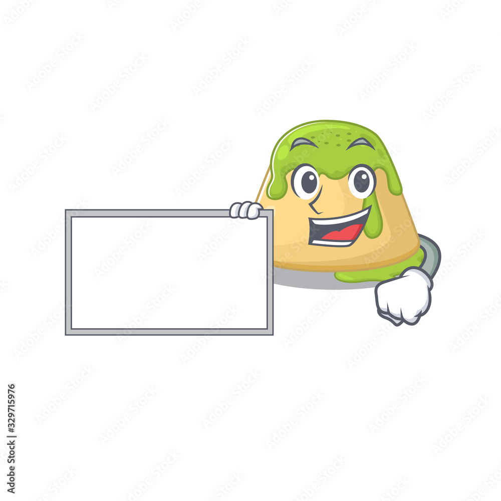 Pudding green tea with board cartoon mascot design style Pudding green tea with board cartoon mascot design style