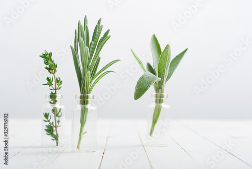 lavender  thyme and sage fresh herbal leaves in mini glass bottles  white wood table background