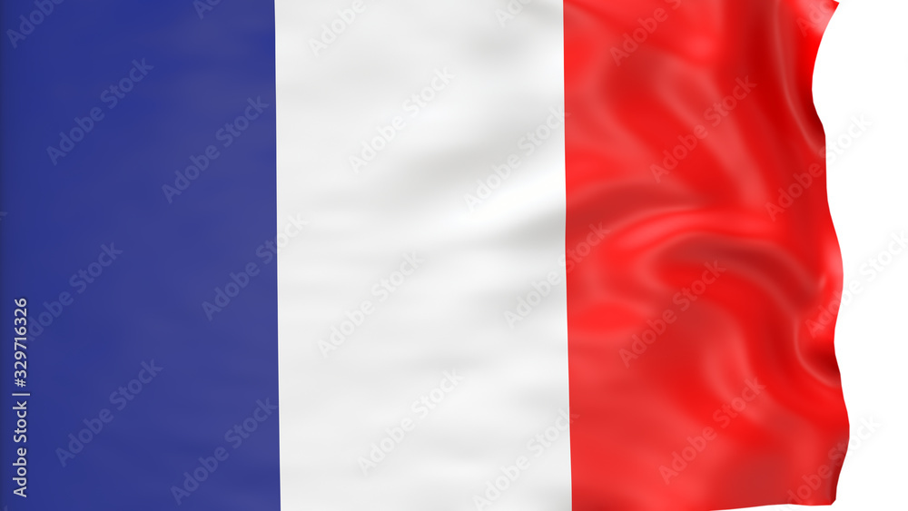 flag of France waving in the wind in front of white background. Official Nation Flag Isolated on White Background. 3D Render.