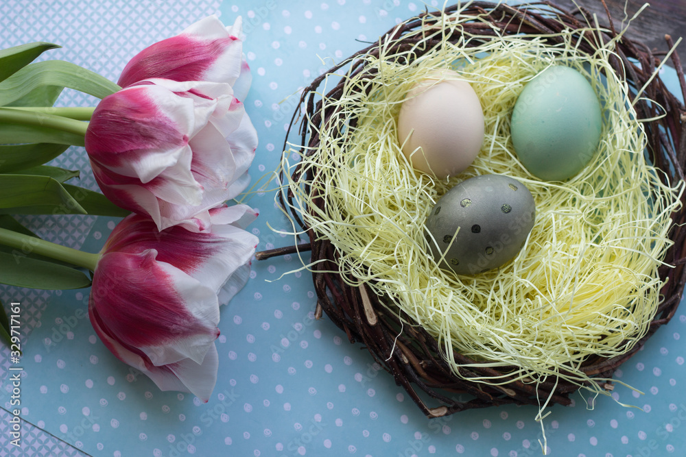 Fototapeta premium Easter decor Easter eggs festive background happy easter