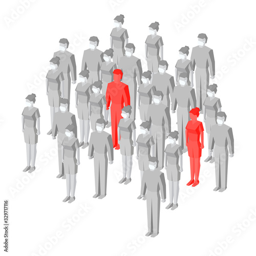 Coronavirus epidemic concept - crowd of people in medicine masks. Some persons without defense