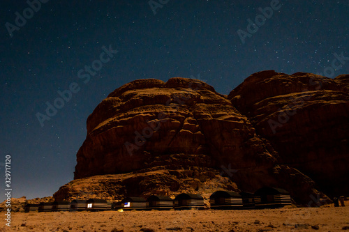 Bedouin tent camp under the stars of Wadi Rum, Jordan, at night