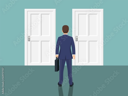 Businessman standing in front closed doors. Choice way concept. Human before choosing. Decide direction. Vector illustration flat style
