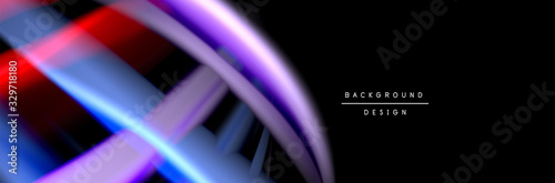 Silk and smooth flow wave poster design. Color waves, liquid style lines and shapes in black color background