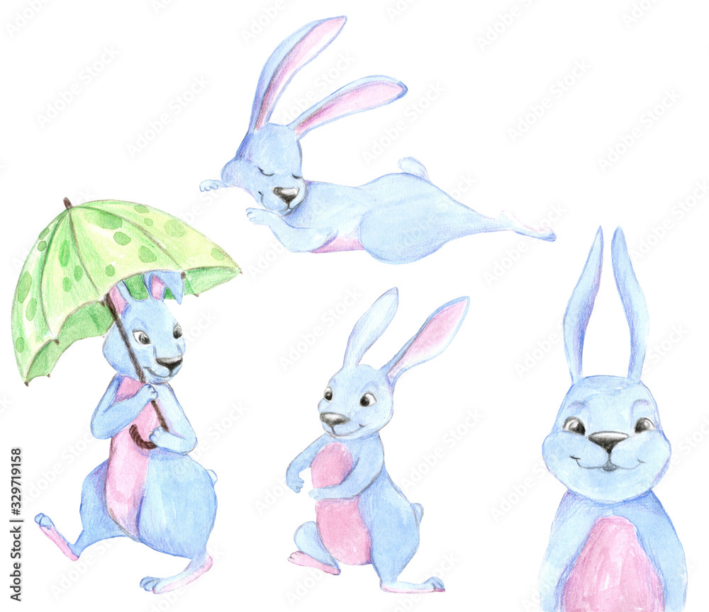 Obraz premium illustration of a blue rabbit is lying, a rabbit is holding an umbrella, a rabbit is walking