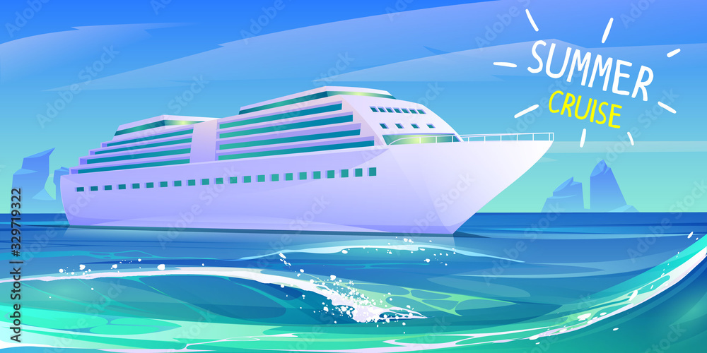Cruise ship in ocean. Summer luxury vacation on cruise liner. Vector cartoon illustration of tropical seascape with passenger ship on blue marine water waves