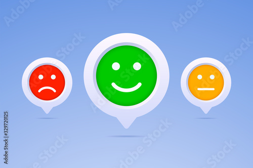 Color emoticons in three color options. Positive, neutral and negative smiles on 3d button. Vector illustration to indicate emotions.
