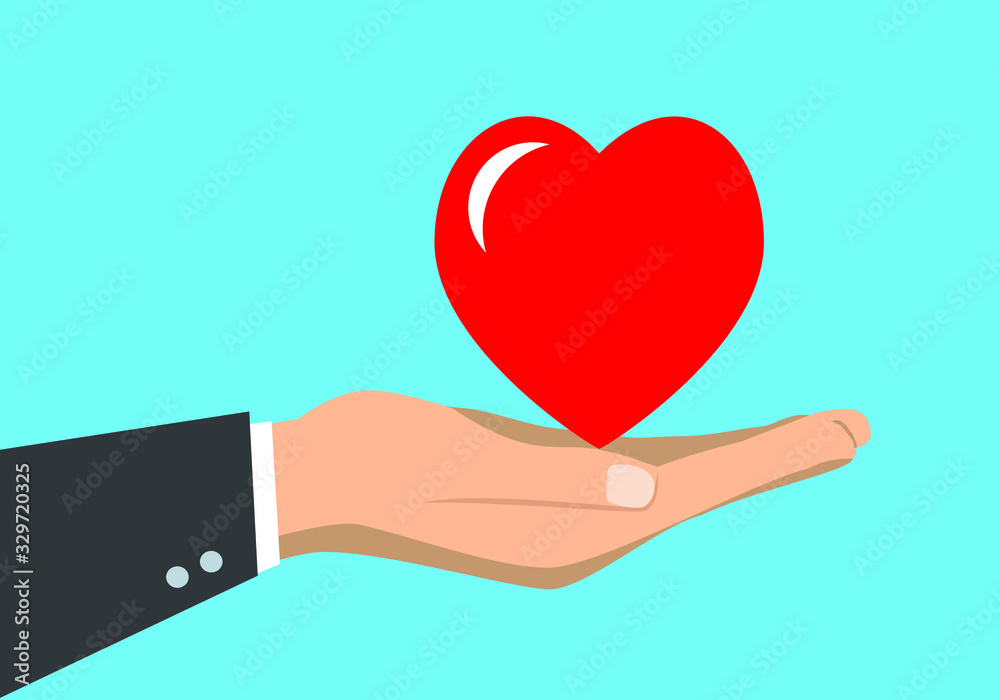 Human hand holding a heart, flat vector illustration. For congratulations or web banners. Human hand holding a heart, flat vector illustration. For congratulations or web banners.
