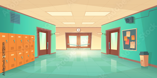 School hallway interior with entrance doors, lockers and bulletin board on wall. Vector cartoon illustration of empty corridor in college, university with closed classrooms doors