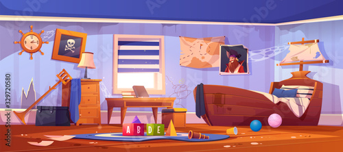 Abandoned kids bedroom in pirate style, neglected empty interior with ship bed, captain portrait, spiderweb on wall, ragged wallpaper, children room with scattered rubbish, cartoon vector illustration