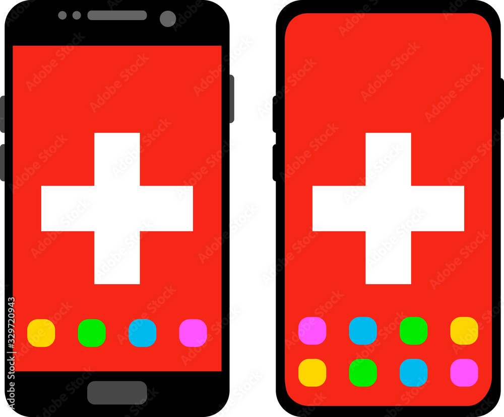 Obraz premium Two black smartphones with a home screen and wallpaper with the flag of Switzerland: old model with gray buttons and new model without buttons. Vector graphics, illustration