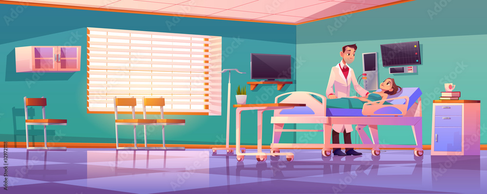 Hospital ward with doctor and patient on adjustable bed. Vector cartoon illustration of sick woman and male nurse in clinic. Room interior with medical monitor and drop counter
