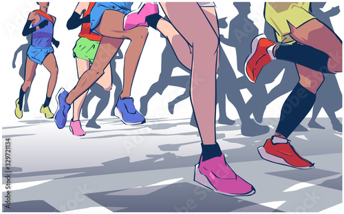 Illustration of marathon long short distance runners crowd people