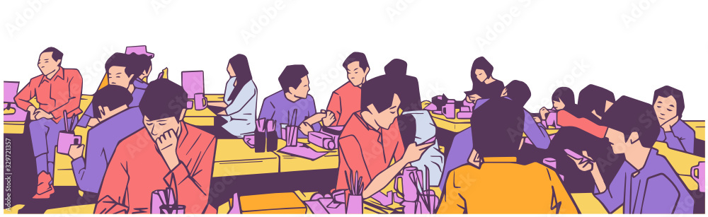 Illustration of group of people friends students conversation studying in pub bar restaurant izakaya