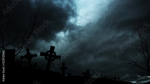 Cemetery at night during thunderstorm. Aftermath of global epidemic photo