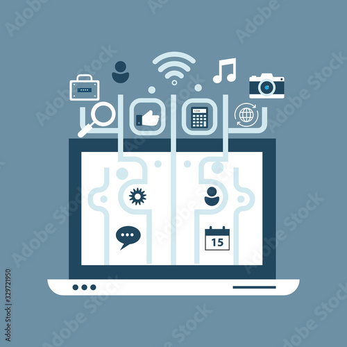 Laptop with different Icons on gray color