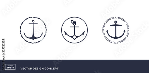 Set of anchor emblems with circular rope frame. Modern minimal flat design style. Simple logotype templates. Vector illustration.