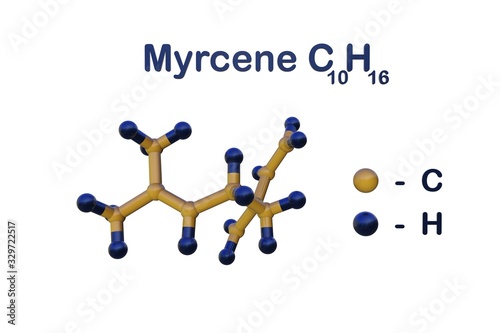 Structural chemical formula and molecular model of myrcene, the most abundant terpene in modern commercial cannabis. Scientific background. 3d illustration