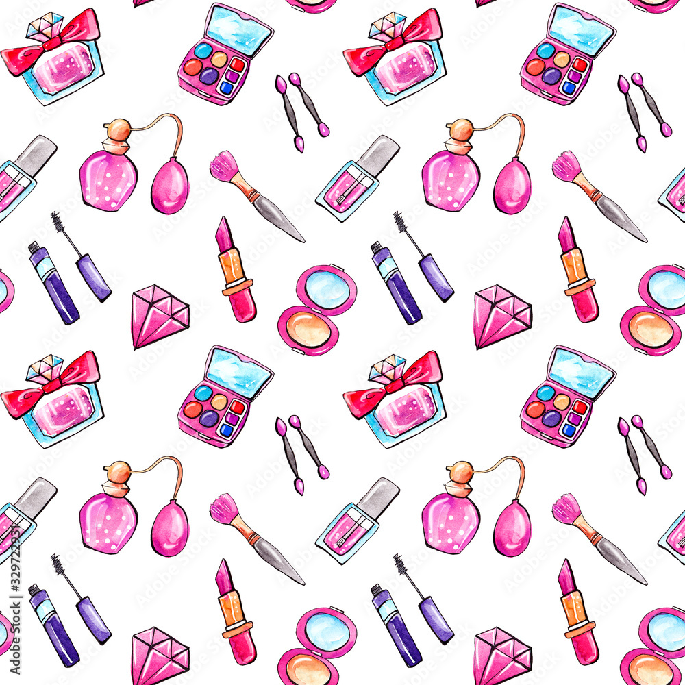 Makeup Stuff Seamless Pattern. Cute and Funny Style for Wrapping Paper and Girlish Surface Design. Watercolor Hand Drawn Simple Sketches. 