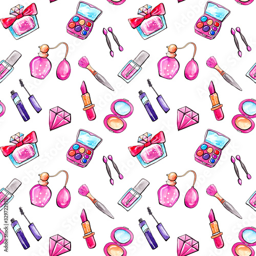 Makeup Stuff Seamless Pattern. Cute and Funny Style for Wrapping Paper and Girlish Surface Design. Watercolor Hand Drawn Simple Sketches. 