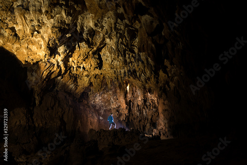 Chiang Rai, Thailand, June 10, 2017: Eexplorers inside Tham Sai Thong cave (rural cave of Tham Luang cave).