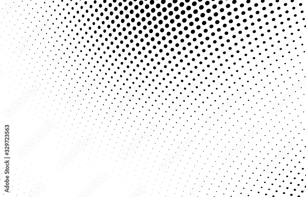 Abstract monochrome halftone texture. Chaotic wave of black dots on a white background