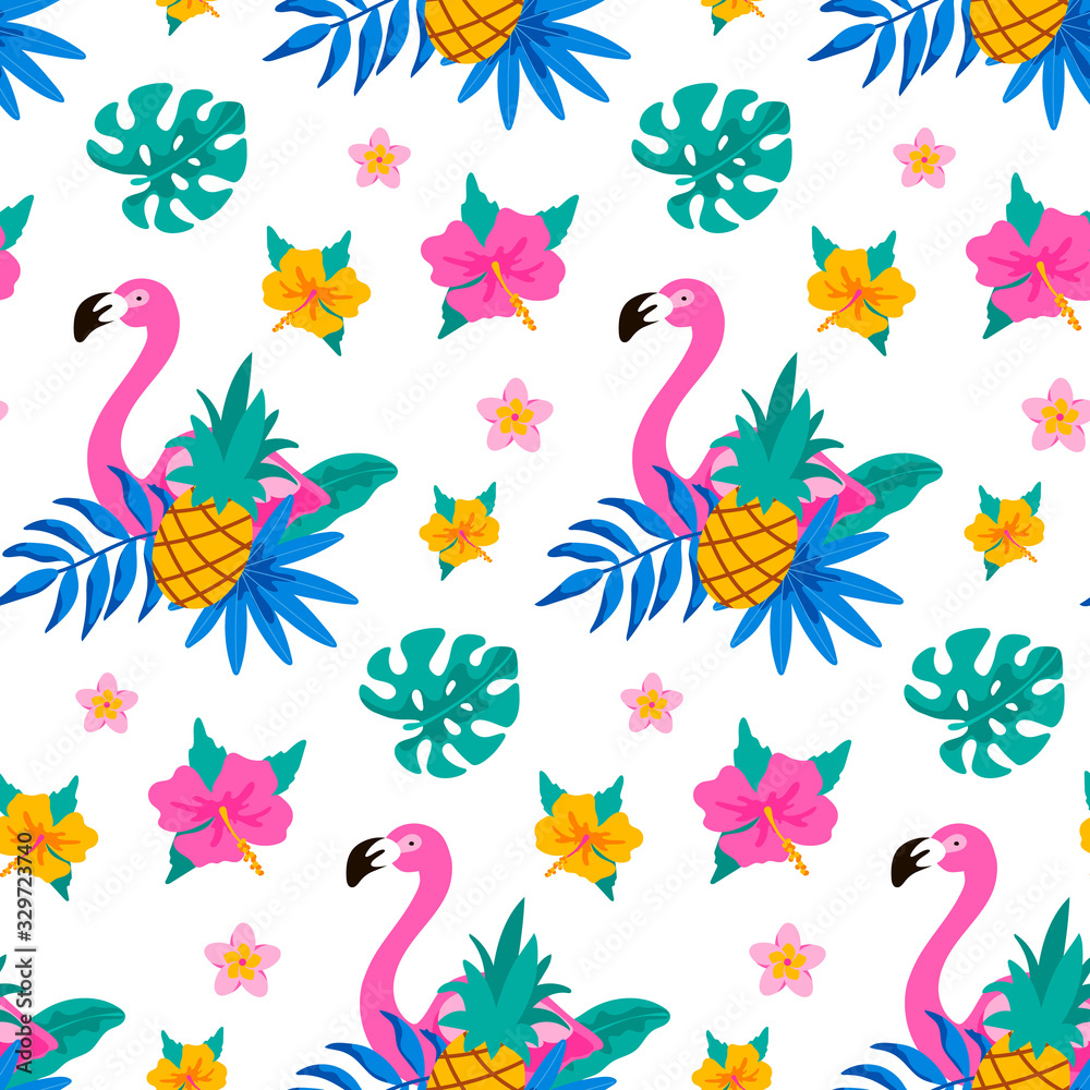 Fototapeta premium Hand drawn tropical seamless pattern with flamingo, palm tree, monstera leaves and pineapple on white background. Vector illustration