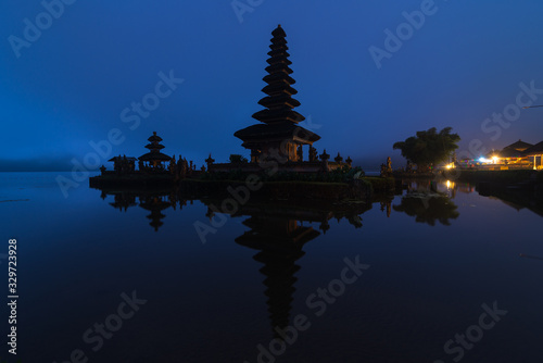Beautiful view of reflection of Pura Ulun Danu Bratan at dawn in Bali, Indonesia.