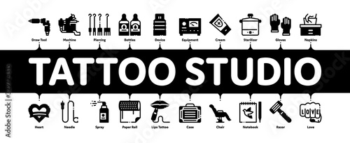 Tattoo Studio Tool Minimal Infographic Web Banner Vector. Tattoo Studio Machine And Razor Equipment, Chair And Case, Cream And Ink Bottles Illustrations