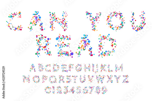 Vector illustration. Font with circles of different colors in the shape of atoms and molecules. Letters and numbers for design promotions, sale banners. Hard to read text. Blurred color script