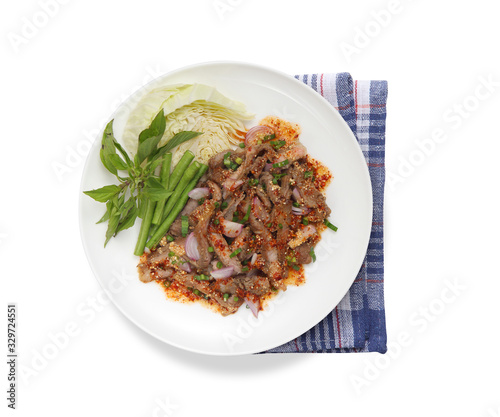 thai spicy beef salad on white background