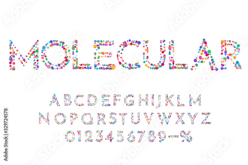 Vector illustration. Abstract structured font. Polygonal concept. Triangles with circles of different colors in the form of atoms and molecules. Letters and numbers for design promotions, sale banners