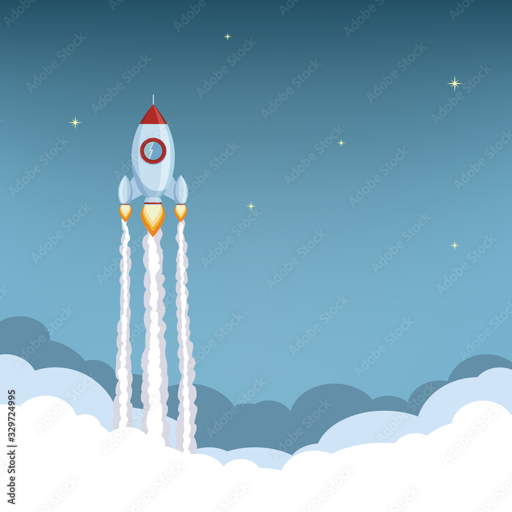 Rocket ship launch. Spaceship flies in the sky with stars