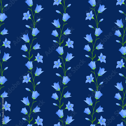 Vector seamless pattern with vertical bell flower (campanula flowers) twigs on blue background; spring natural design for fabric, wallpaper, wrapping paper, packaging, textile, web design.