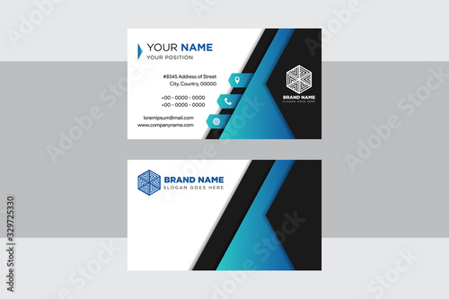Visiting company Creative and Clean business card design template. Double-sided horizontal layout of identity card. Vector mock up illustration. Stationery design with diagonal and triangle shape