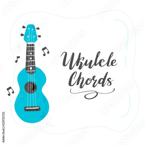 Cute cartoon ukulele for summer poster, card design with lettering text Ukulele Chords. Little guitar, string music instrument of hawaii style. Vector illuatration of simple hand drawn style.