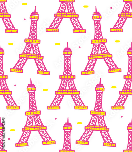 Illustration of Eiffel Tower seamless pattern on white background. Paris icons and travels with flat design style.