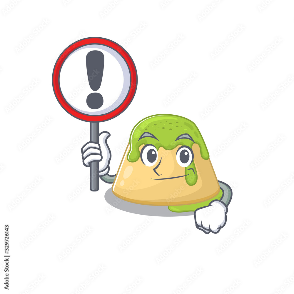 Cheerful cartoon style of pudding green tea holding a sign Cheerful cartoon style of pudding green tea holding a sign