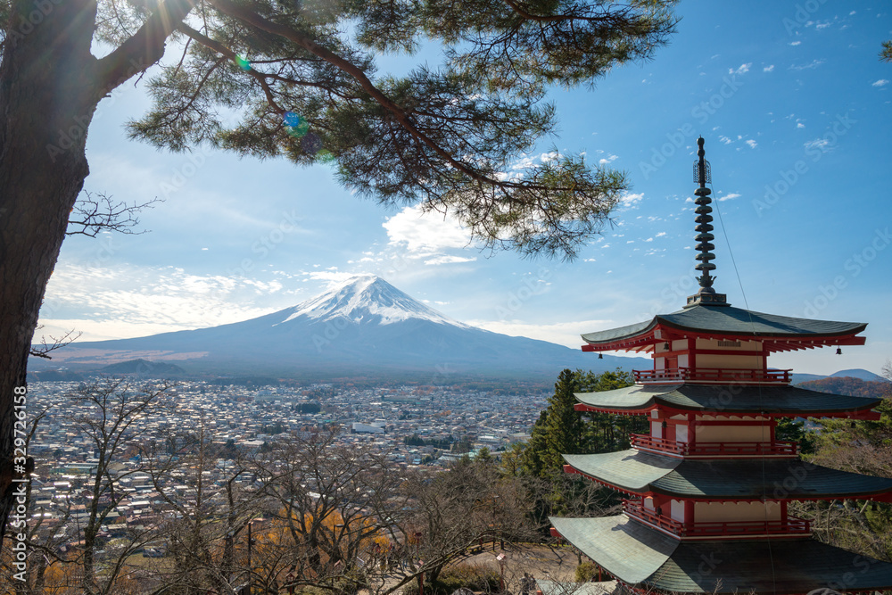 View of Chureito pagoda with Fuji mountain background in Fujiyoshida, Japan.