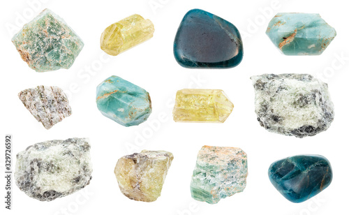 set of various Apatite rocks isolated on white