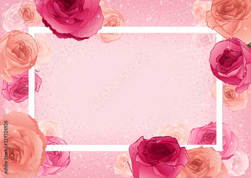 Floral Greeting Card Happy Mother's Day or Happy Birthday with Roses on Pastel Pink Background with Glitter Effect - Colored Illustration, Vector