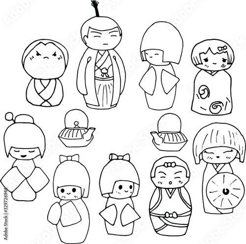 Japanese wooden doll "kokeshi". Doodle style